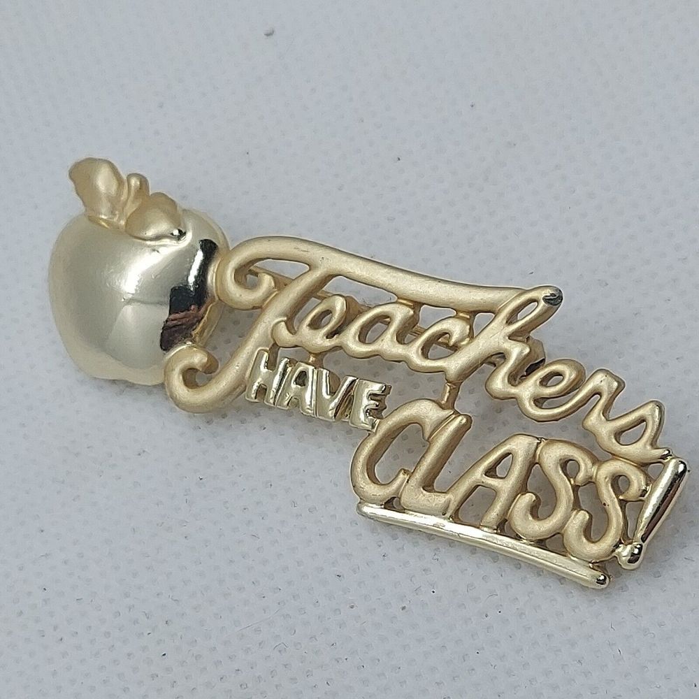 VTG Goldtone‎ AJC American Jewelry Chain TEACHER'S HAVE CLASS Apple Brooch Pin